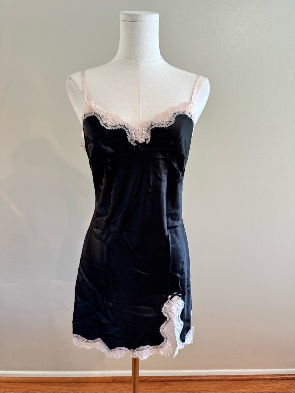 Victoria's Secret Vintage Y2K Black Satin Slip with Pale Pink Lace